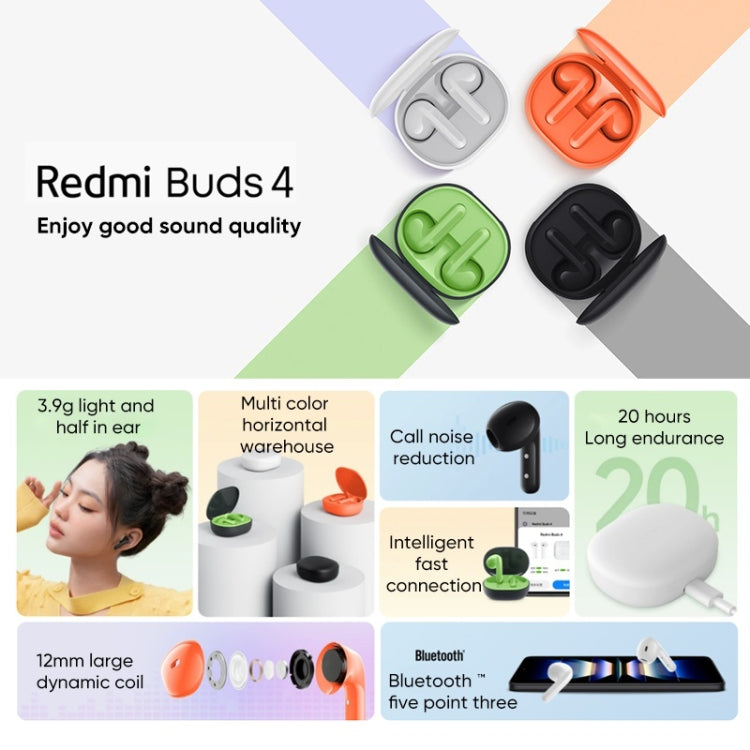 Original Xiaomi Redmi Buds 4 Lite TWS Bluetooth 5.3 Call Noise Reduction Earphone, Redmi Buds 4 Lite Black, Redmi Buds 4 Lite Orange, Redmi Buds 4 Lite Green, Redmi Buds 4 Lite