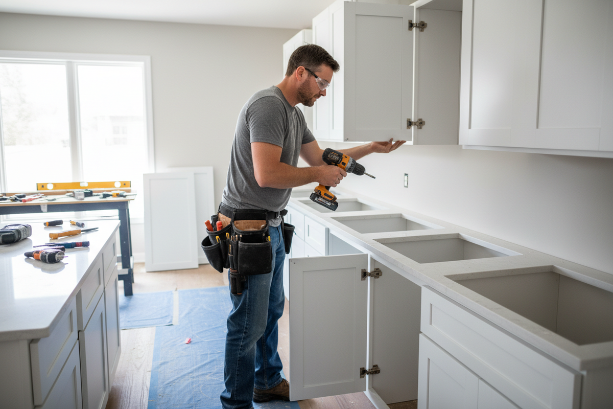 Carpenter installing kitchen cabinet doors in a standard remodel