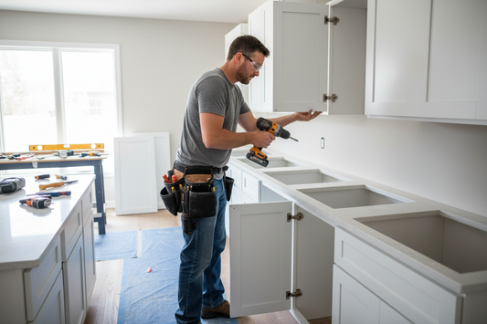 Carpenter installing kitchen cabinet doors in a standard remodel
